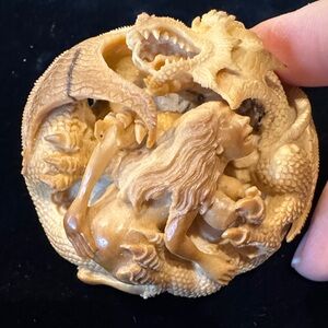Rare Intricate Tagua Nut Erotic Carving of Dragon and Nude Woman